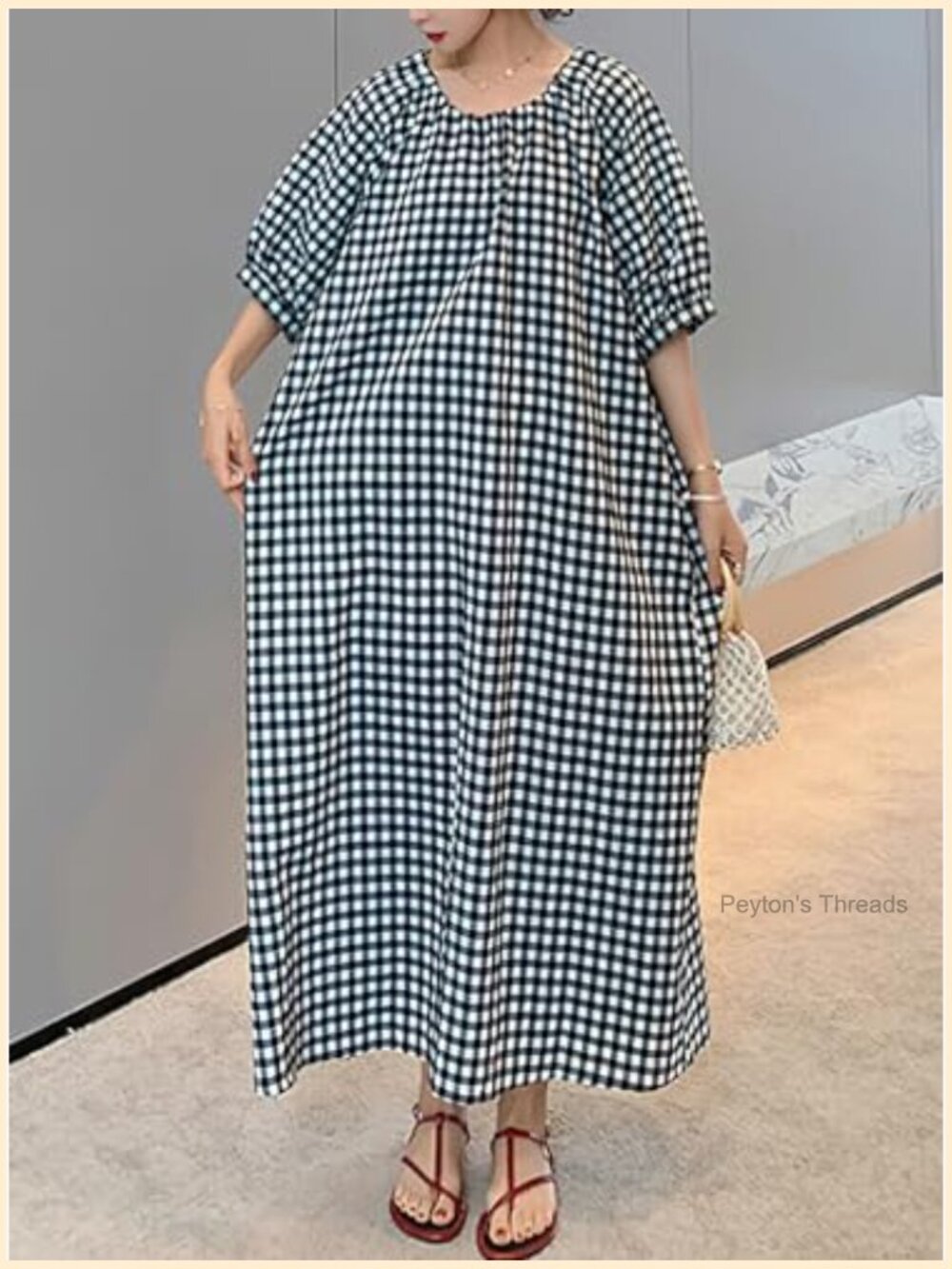 Gingham Loose-Fit Swing Midi Dress with Lantern Puff Sleeves - Picture 4 of 7
